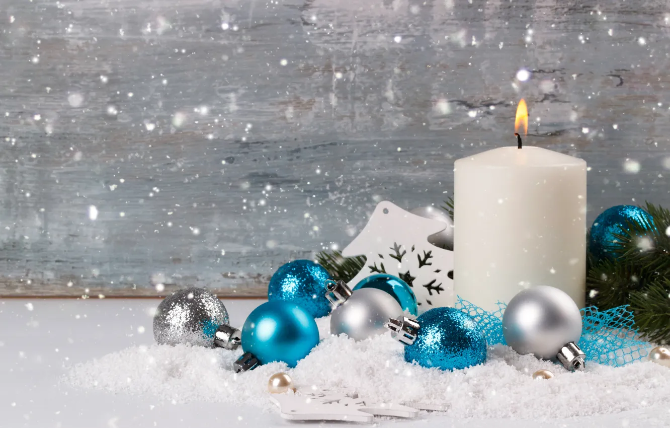 Photo wallpaper snow, snowflakes, balls, tree, New Year, Christmas, Christmas, balls