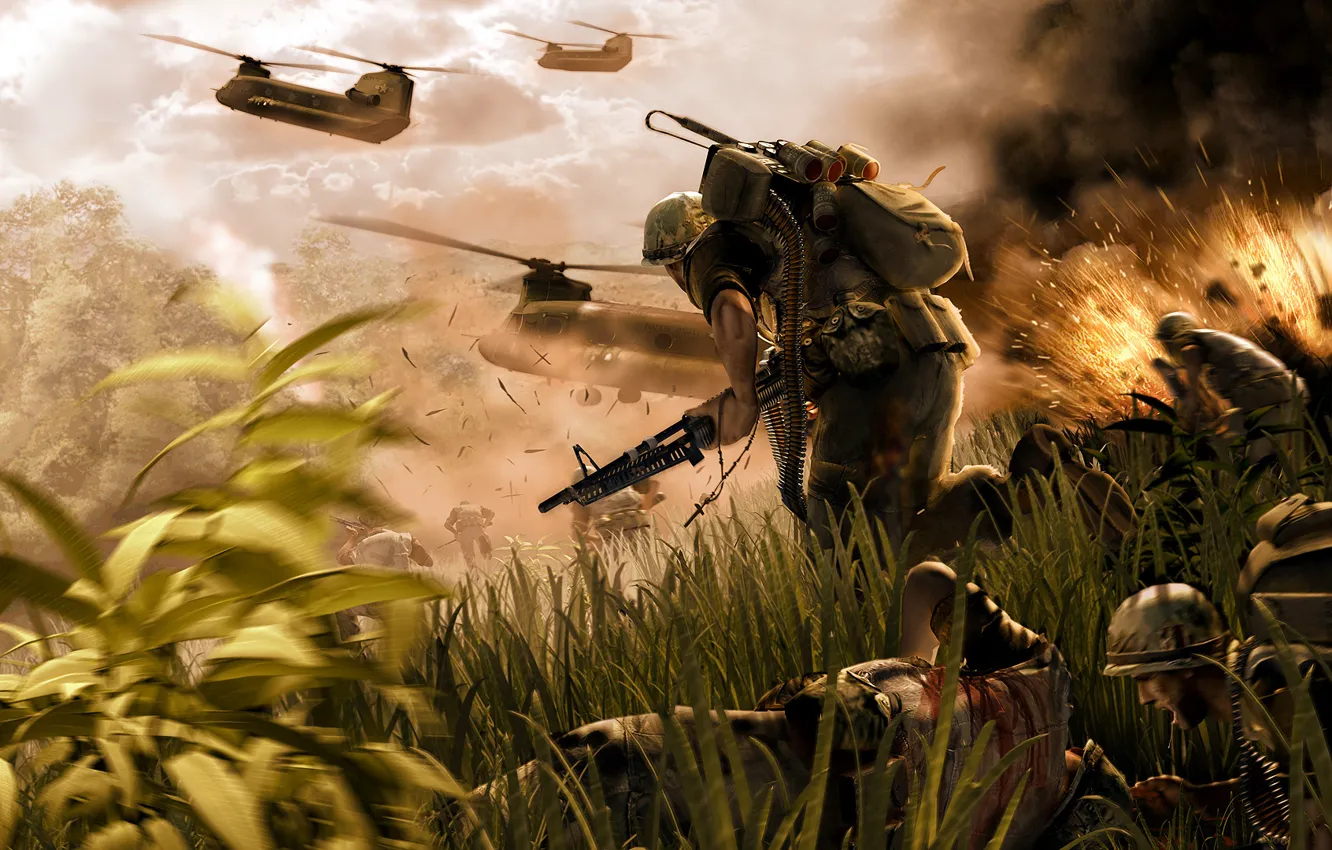 Photo wallpaper weapons, explosions, battle, jungle, soldiers, Vietnam, helicopters, wounded