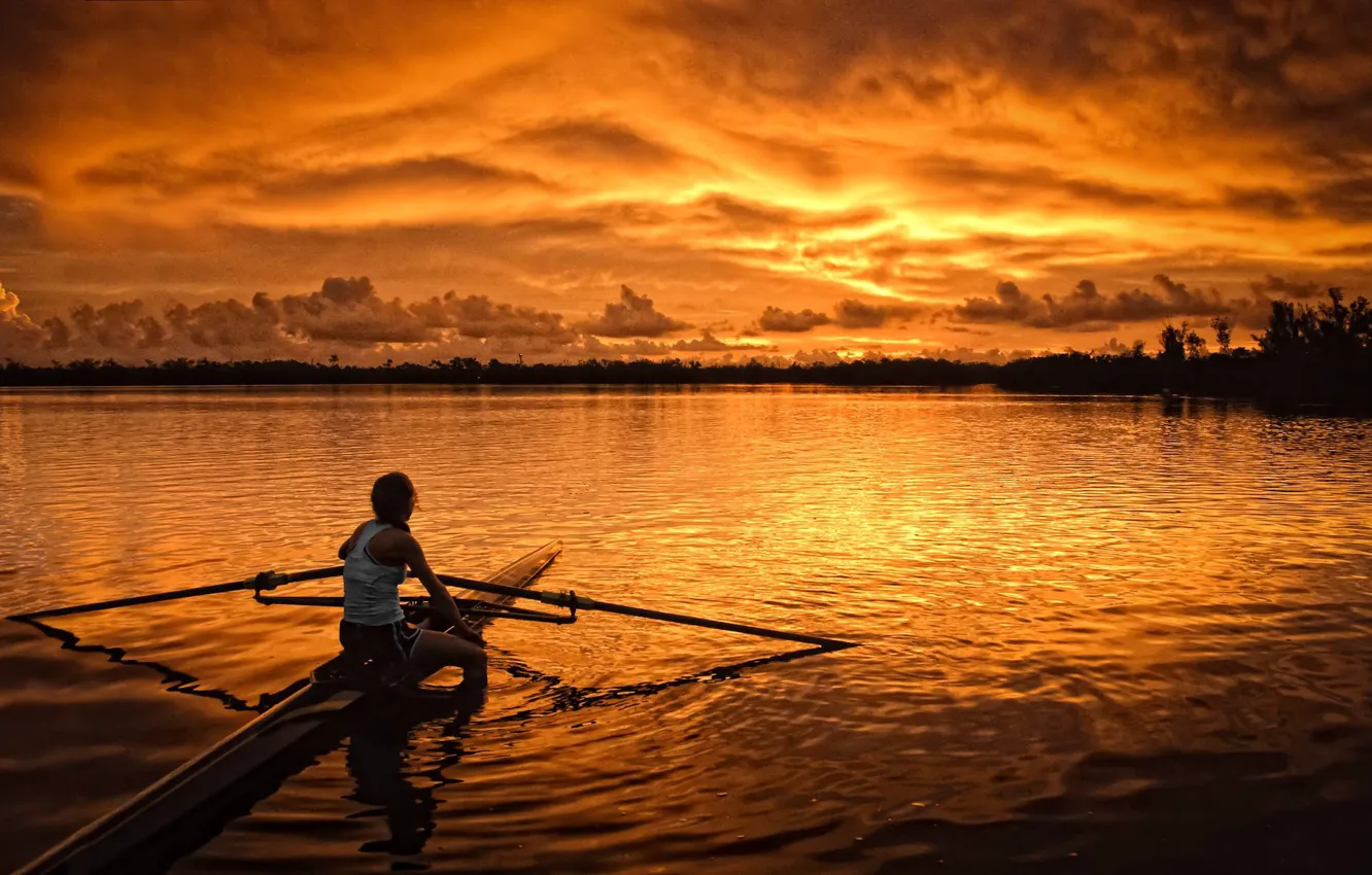 Photo wallpaper girl, sunset, lake, kayak