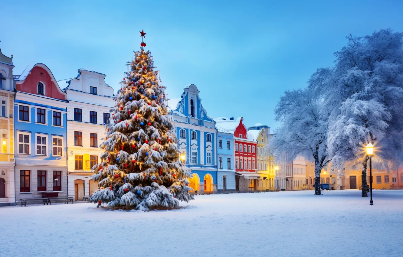 Photo wallpaper winter, snow, decoration, night, the city, balls, street, tree