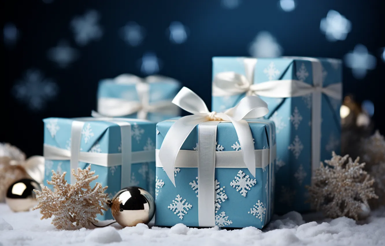 Photo wallpaper winter, snow, decoration, snowflakes, gift, balls, new year, Christmas