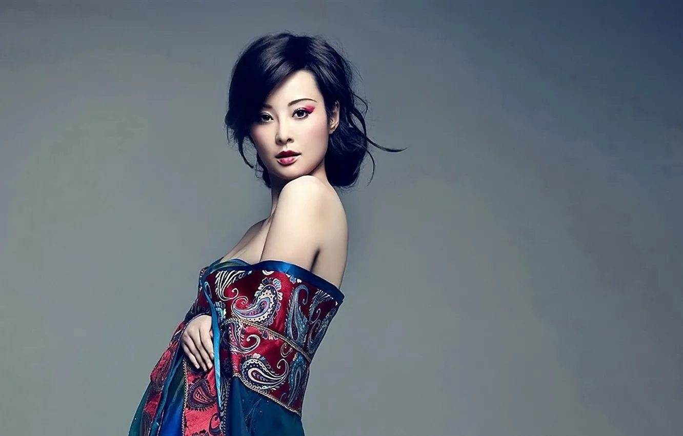 Photo wallpaper Asian, asian, cute girl, cute girl, Bright makeup, bare shoulders, charming brunette, bare shoulders