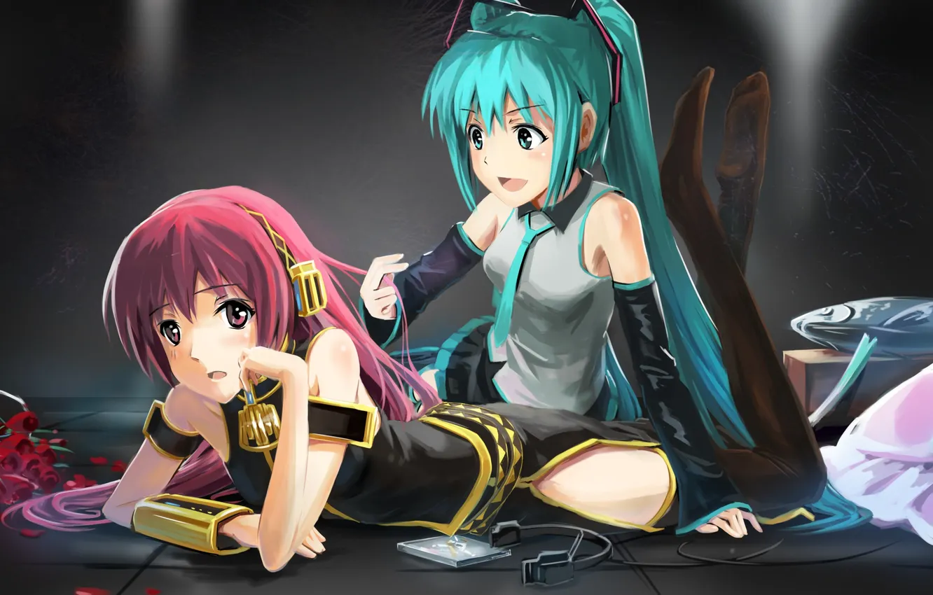 Photo wallpaper look, girl, roses, fish, stockings, pillow, dress, lies