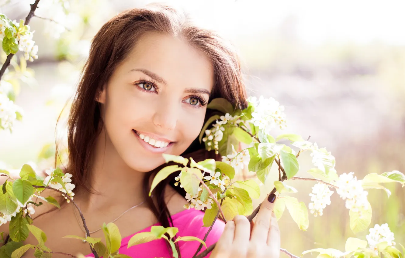 Photo wallpaper look, girl, flowers, branches, smile, brown hair