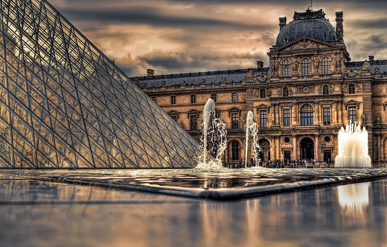 Photo wallpaper clouds, overcast, France, Paris, people, The Louvre, pyramid, fountain