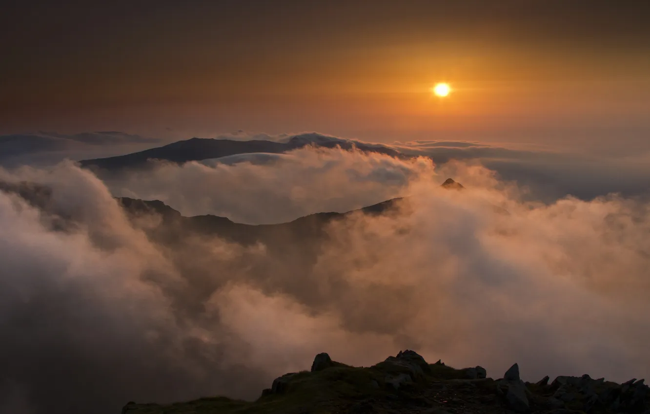 Photo wallpaper clouds, sunset, mountains, England, England, Wales, Snowdon, mount Snowdon