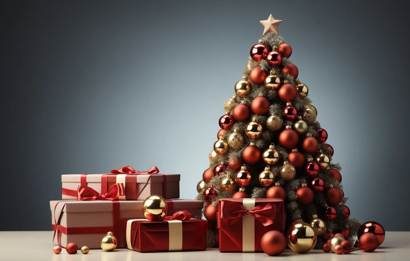 Photo wallpaper gift, tree, new year, Christmas, Christmas, tree, decoration, Gift Boxes