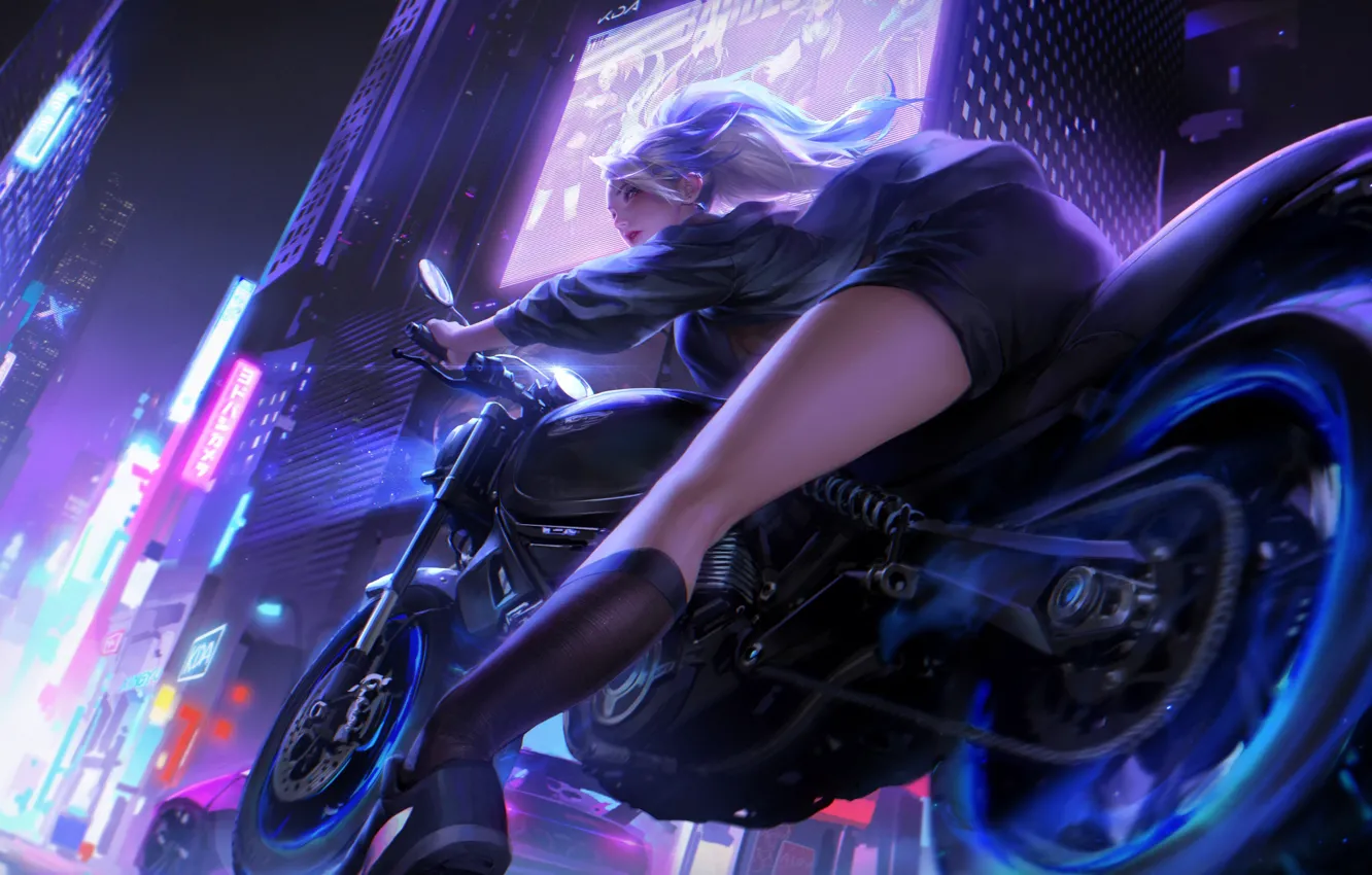 Photo wallpaper Girl, The city, The game, Look, Girl, Building, Bike, Motorcycle