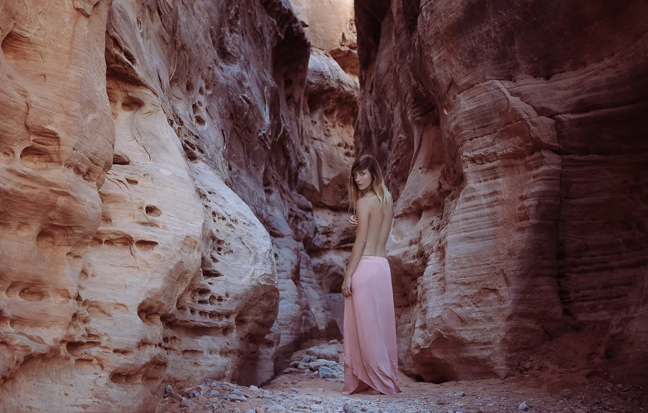 Photo wallpaper girl, back, skirt, canyon