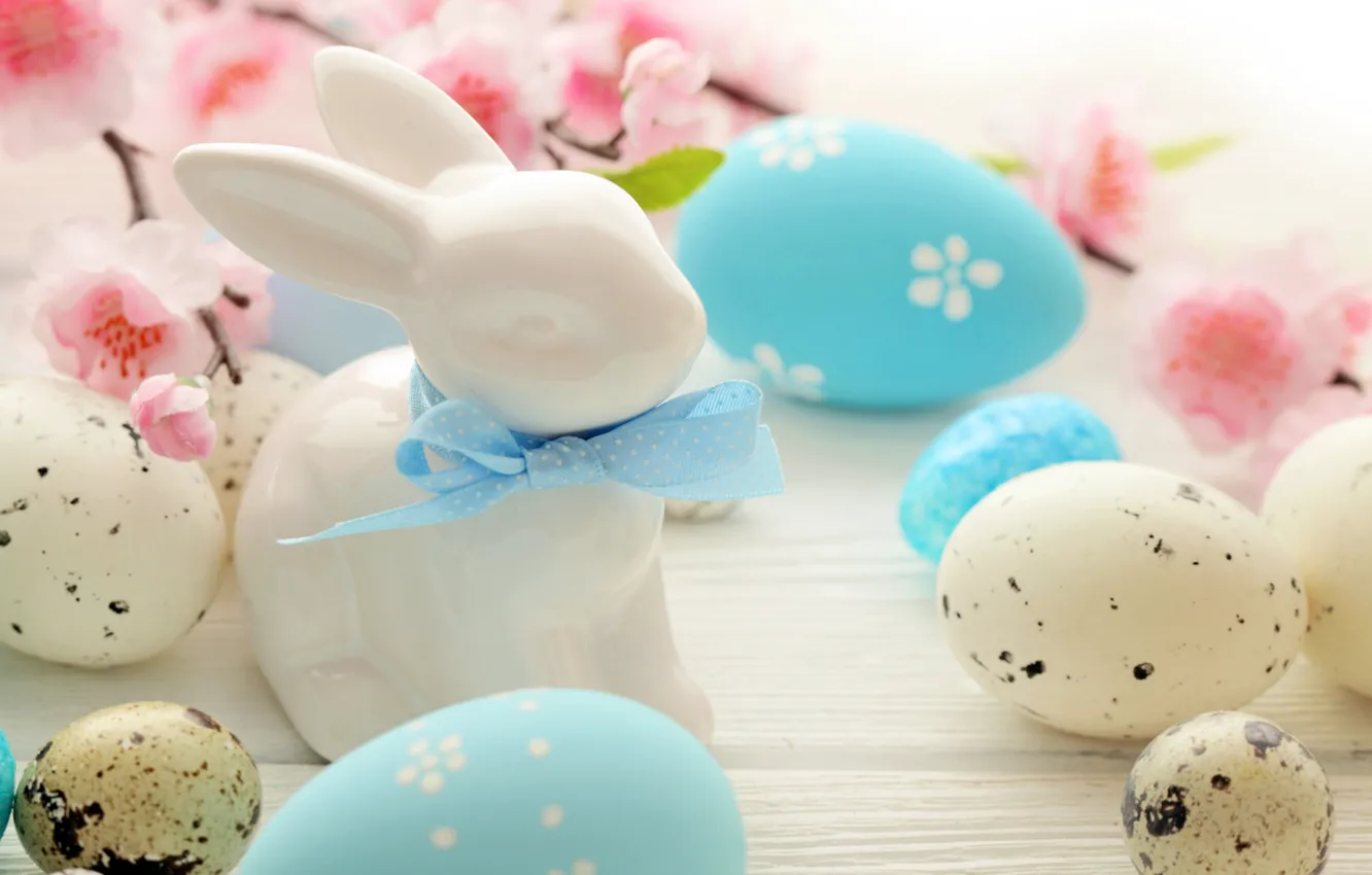 Photo wallpaper flowers, eggs, rabbit, Easter, flowers, spring, Easter, eggs