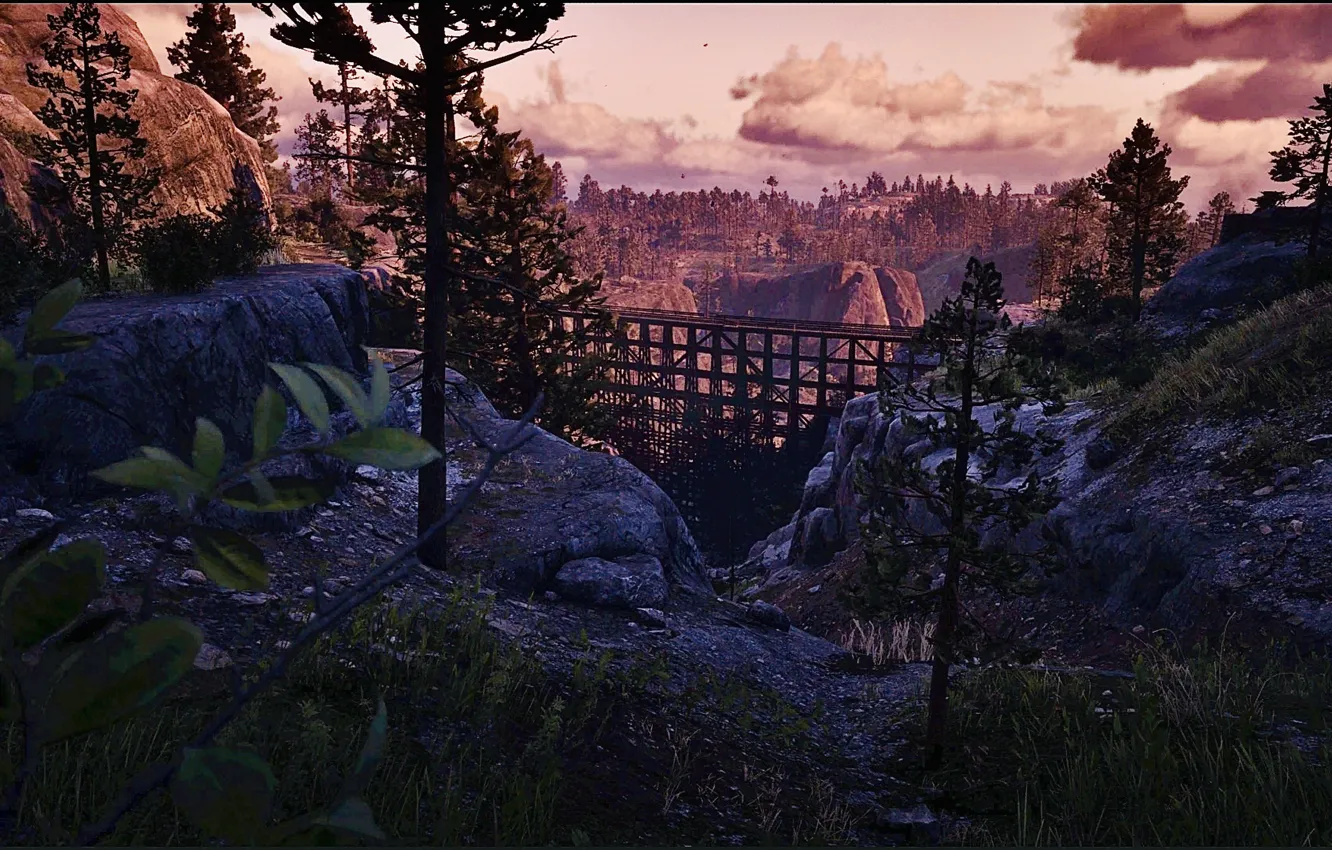 Photo wallpaper HDR, game, sky, trees, bridge, wood, clouds, rocks