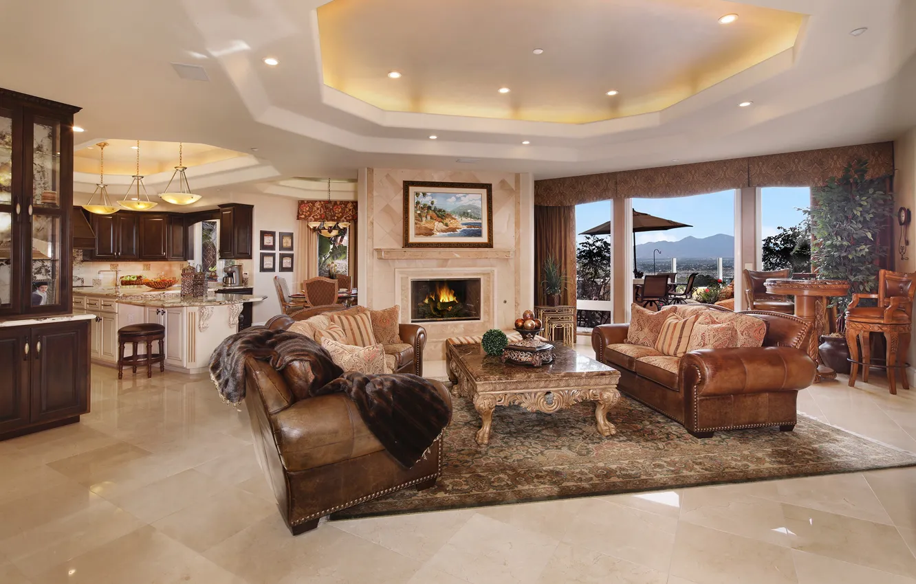 Photo wallpaper sofa, furniture, fireplace, luxury, living room