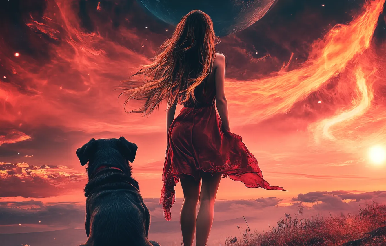 Photo wallpaper neural network, dog, AI art, twilight, field, girl, the sun, flowing hair