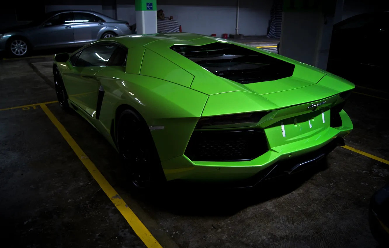 Photo wallpaper green, green, Parking, lamborghini, back, aventador, lp700-4, Lamborghini