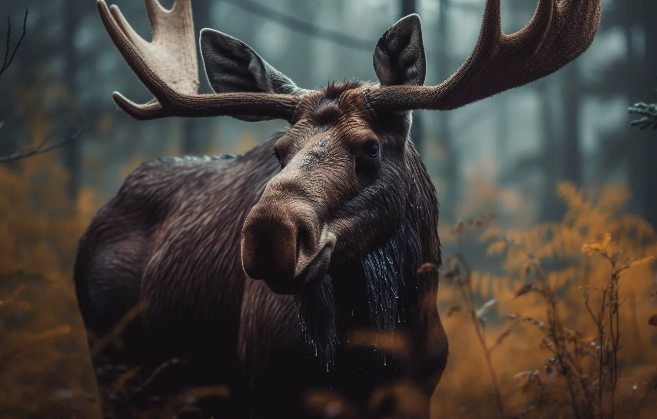 Photo wallpaper forest, horns, moose, digital art, AI art, The Art of Artificial Intelligence, neural network
