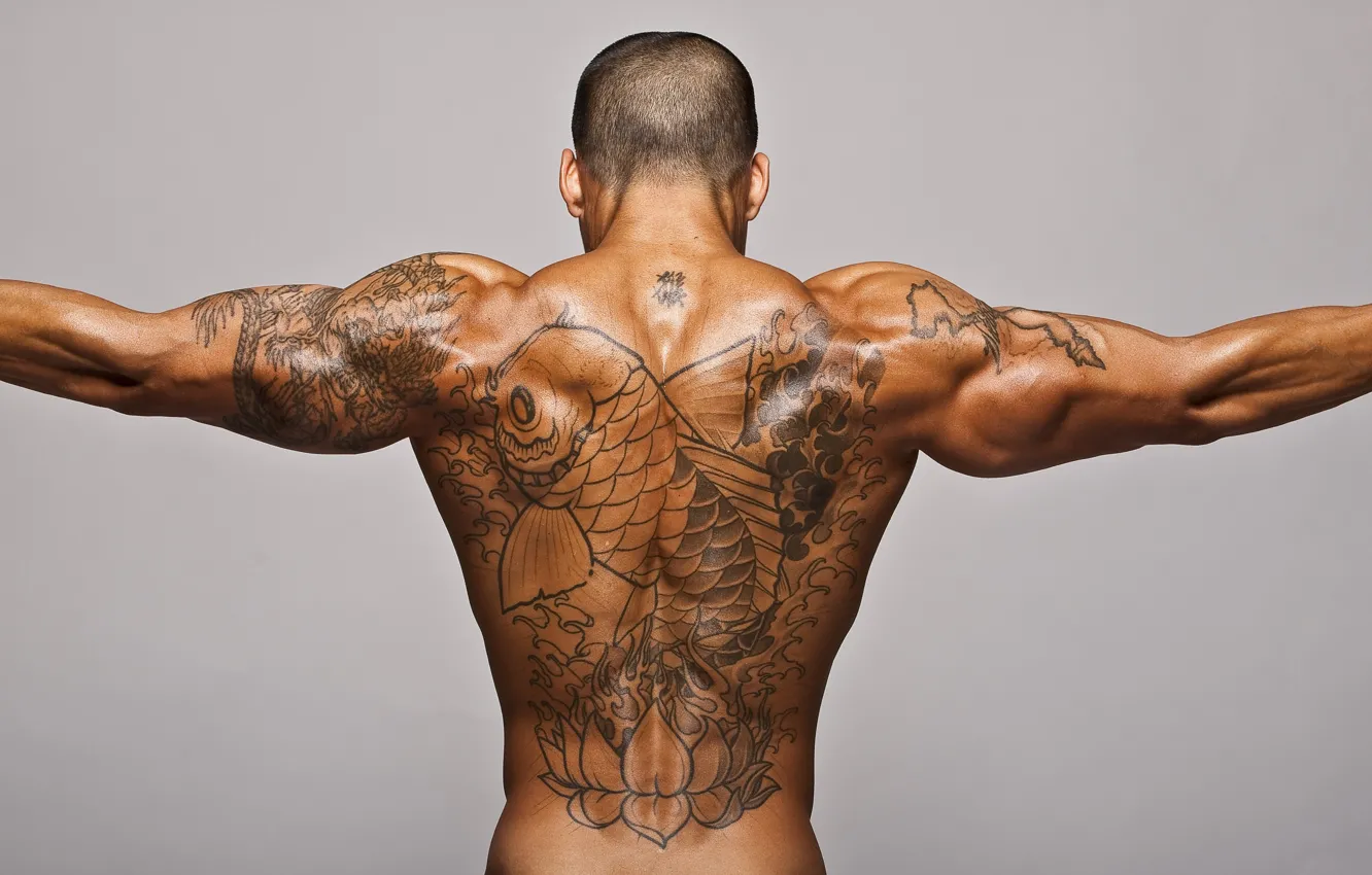 Photo wallpaper back, fish, tan, tattoo, male, tattoo, muscle, relief