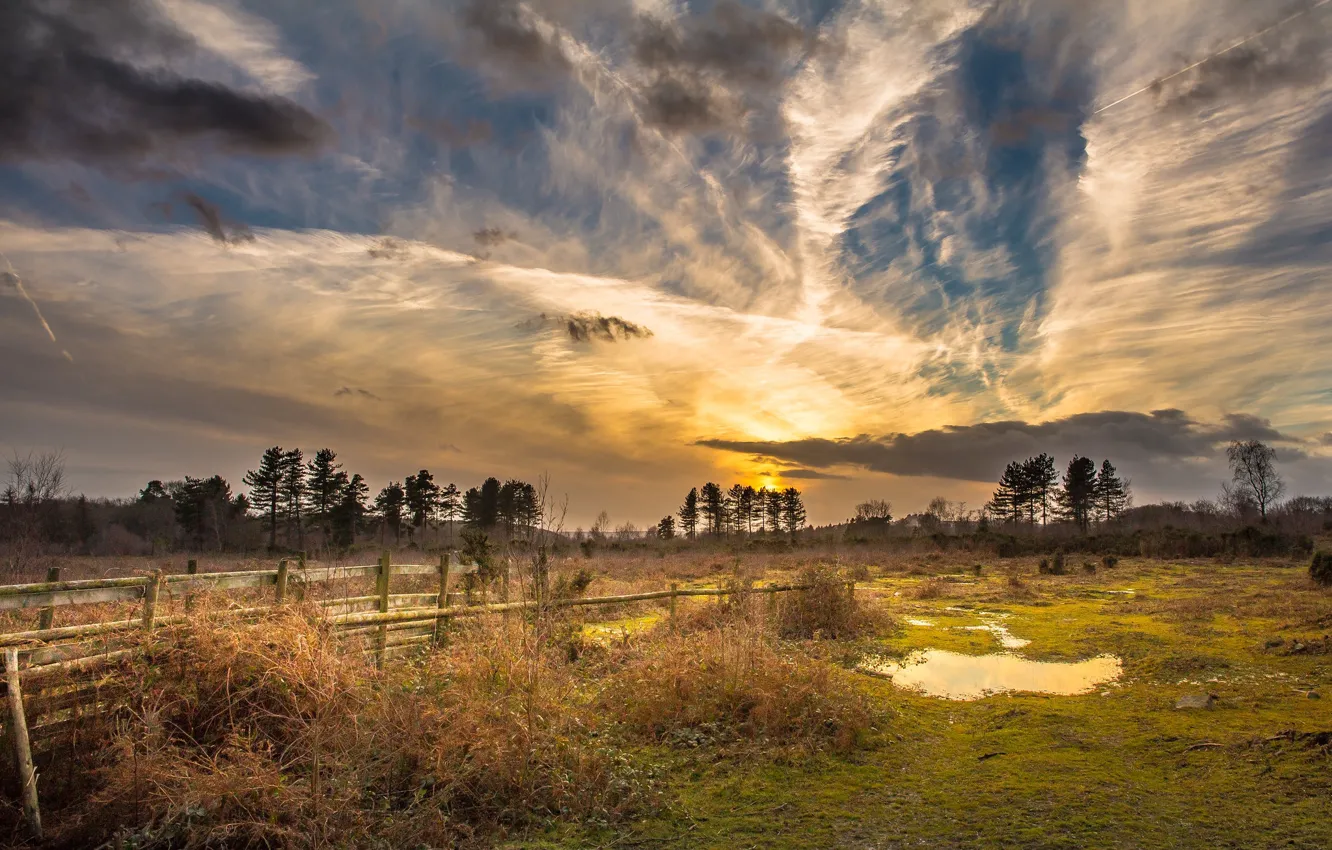 Photo wallpaper field, clouds, sunset, photo, the fence