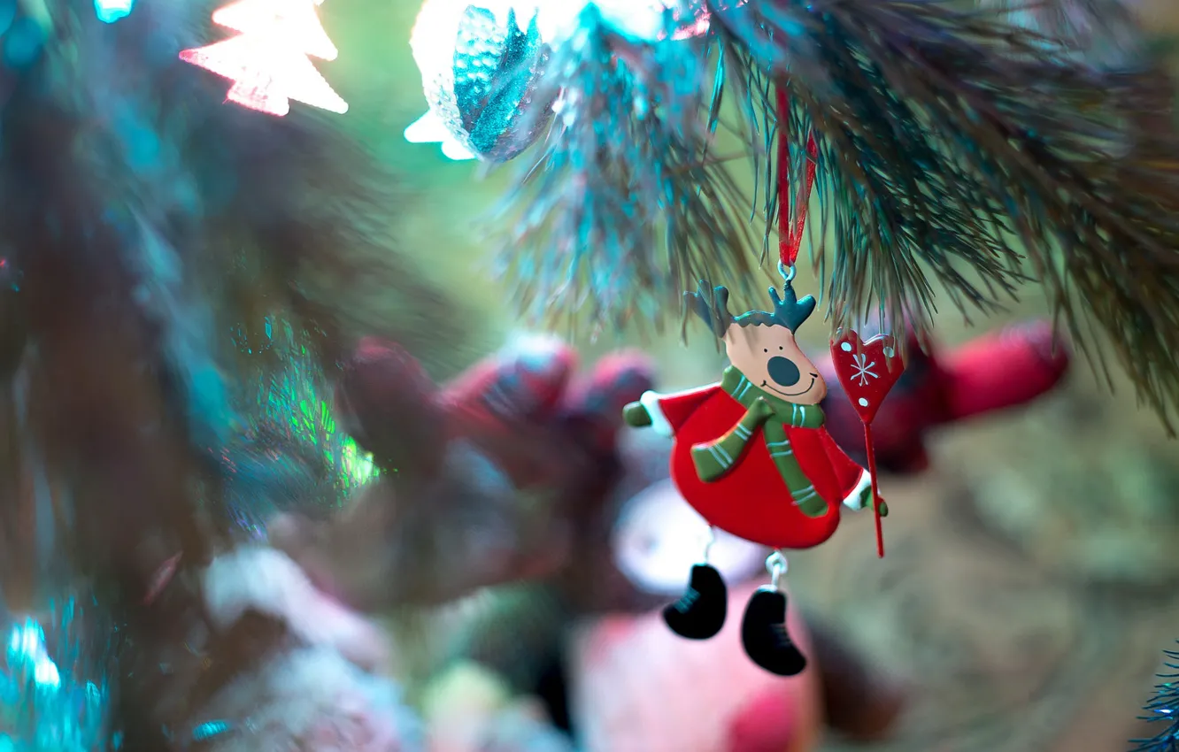 Photo wallpaper light, branches, lights, toy, new year, blur, deer, Christmas