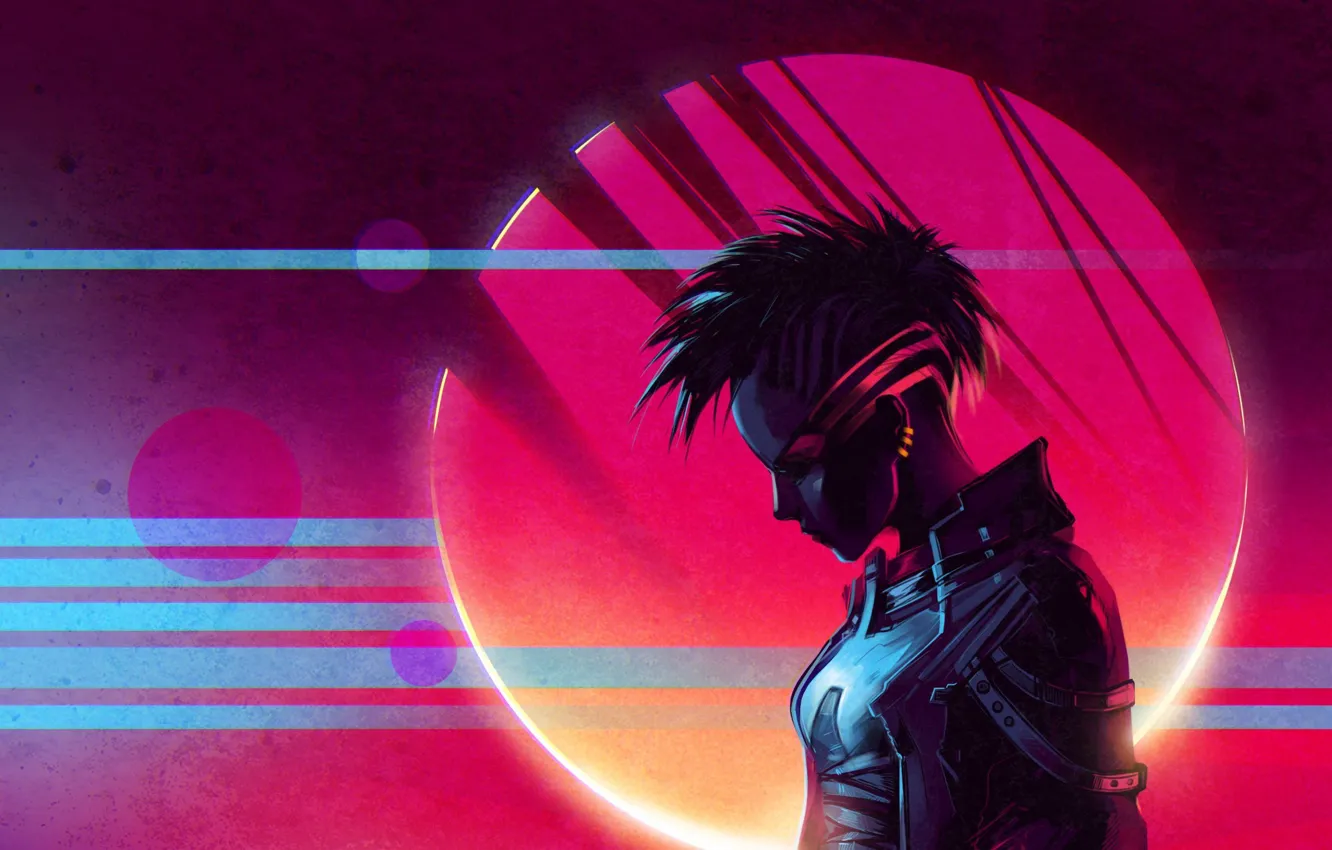 Photo wallpaper piercing, jacket, red, girl, Retrowave, Scandroid, Synthwave, Sintav