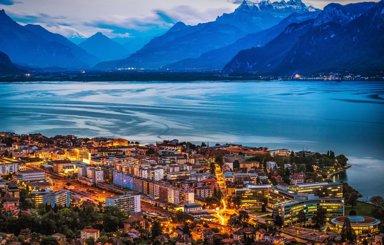 Photo wallpaper landscape, mountains, night, lights, lake, coast, home, Switzerland