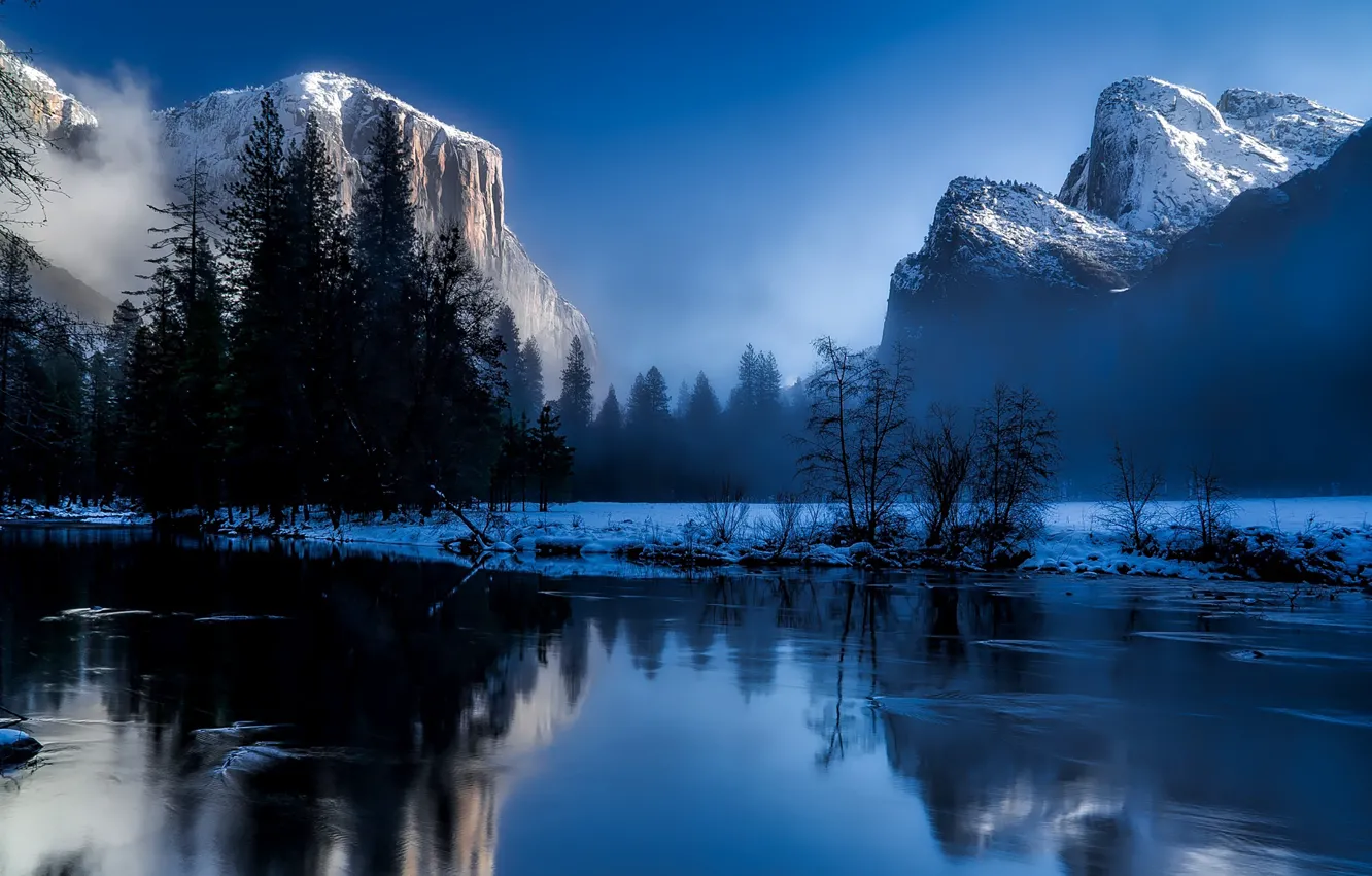 Photo wallpaper winter, forest, water, snow, trees, mountains, fog, rocks