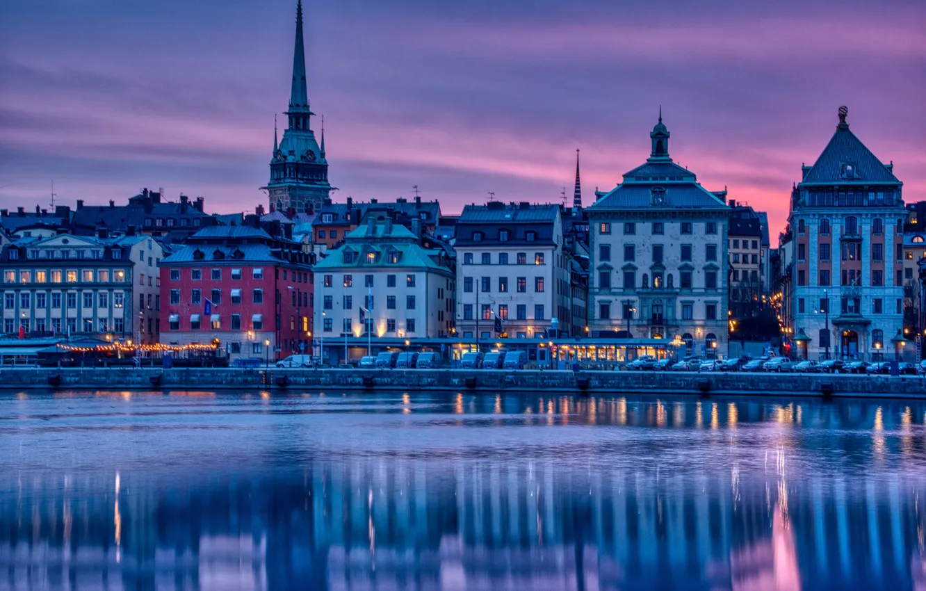 Photo wallpaper water, sunset, building, home, the evening, Stockholm, Sweden, promenade