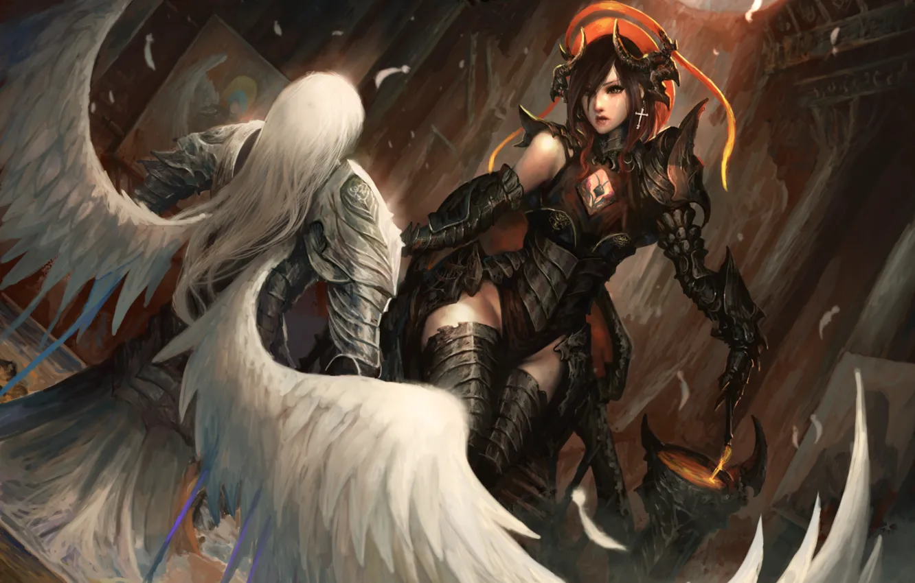 Photo wallpaper girl, wings, angel, being, the demon, horns, two