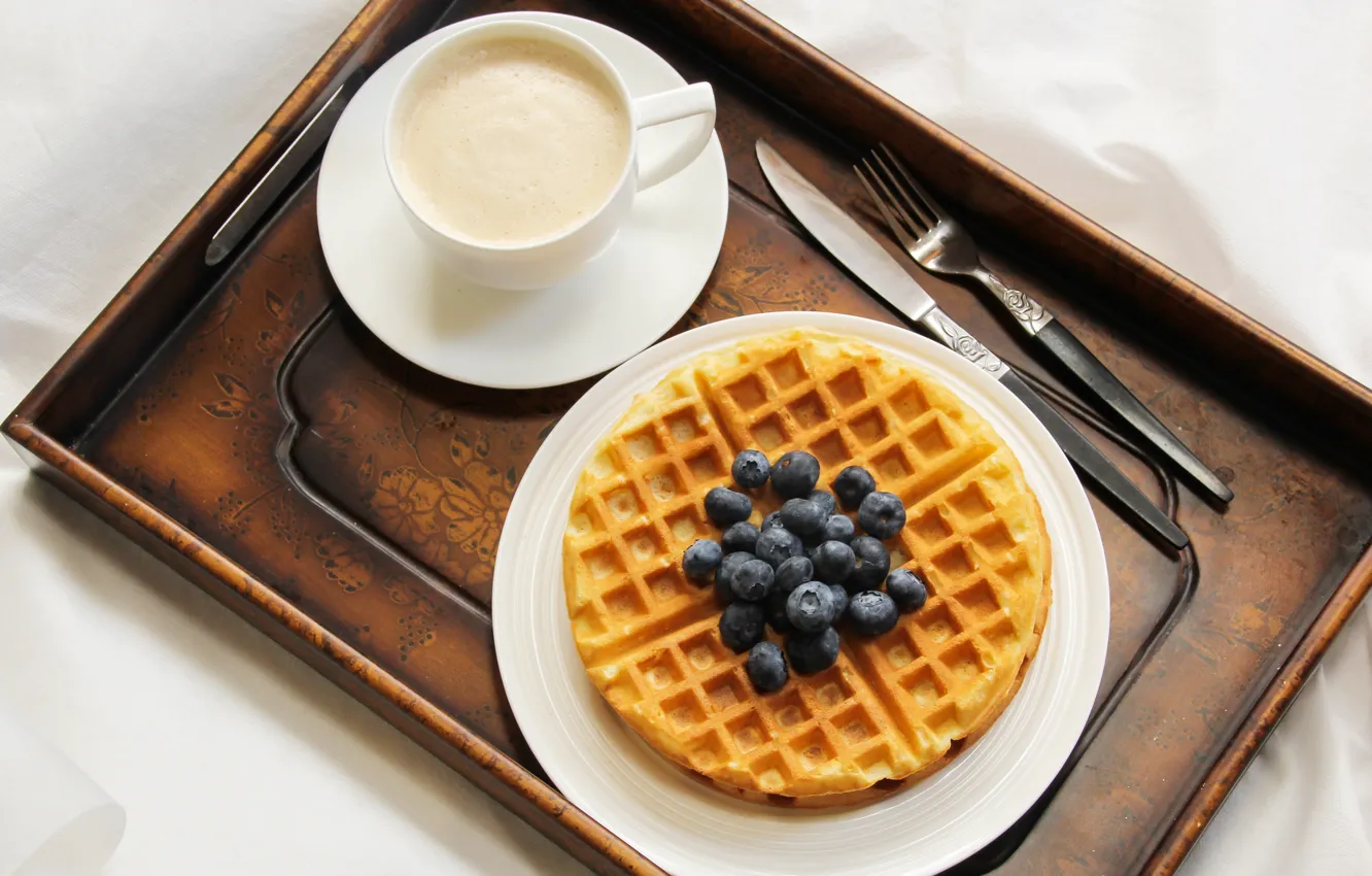 Photo wallpaper coffee, Breakfast, blueberries, cream, waffles
