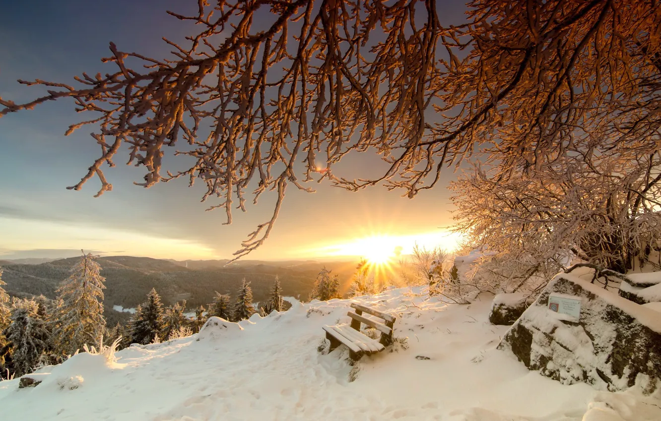 Photo wallpaper winter, sunset, mountains, bench