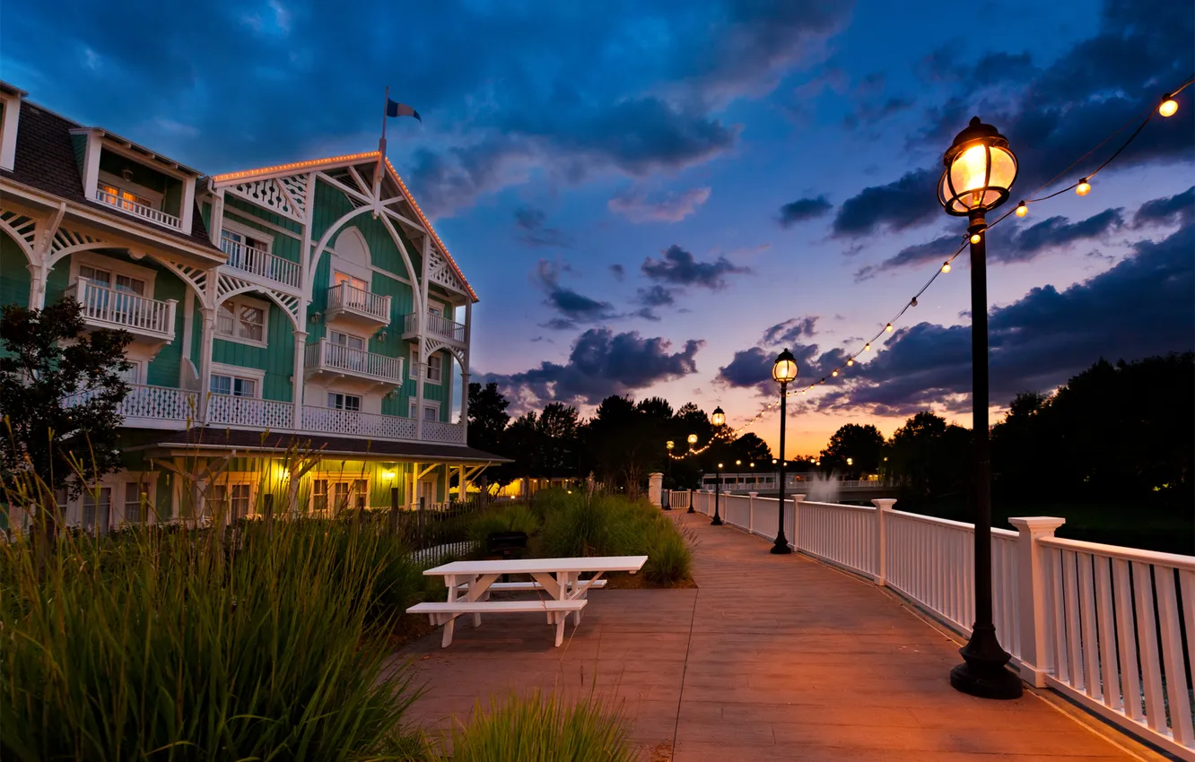Photo wallpaper beach, sunset, house, the ocean, promenade, Florida, Lake Buena Vista