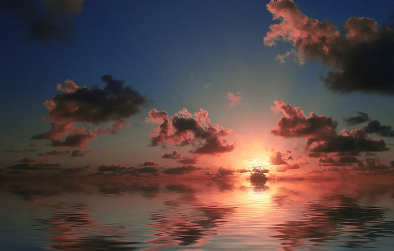 Photo wallpaper sea, the sky, clouds, sunset, reflection