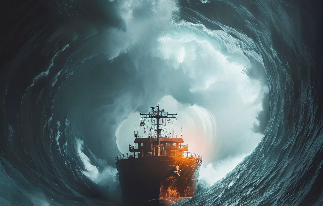 Photo wallpaper sea, wave, water, ship, hurricane, digital art, AI art, The Art of Artificial Intelligence
