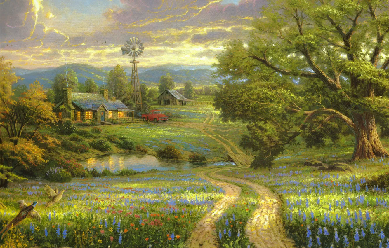 Photo wallpaper field, machine, trees, flowers, mountains, nature, lake, bird