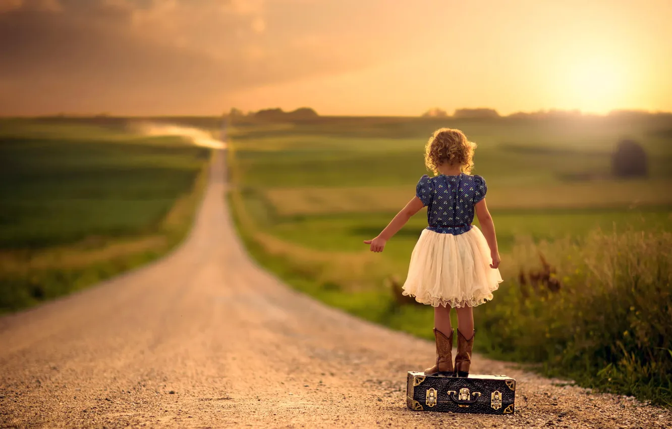 Photo wallpaper road, space, girl, suitcase, bokeh