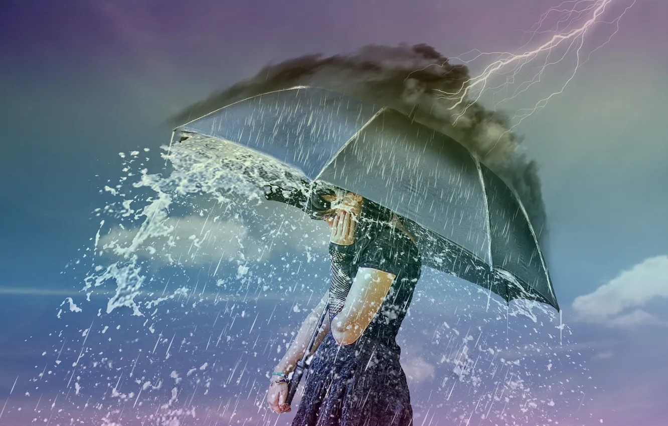Photo wallpaper girl, rain, lightning, the situation, umbrella