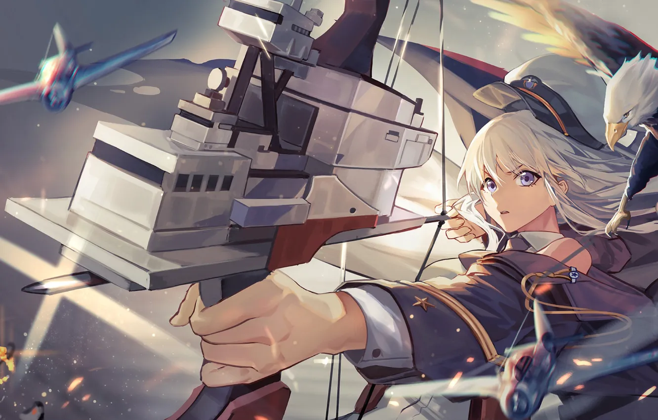 Photo wallpaper girl, bird, eagle, bow, Azur Lane