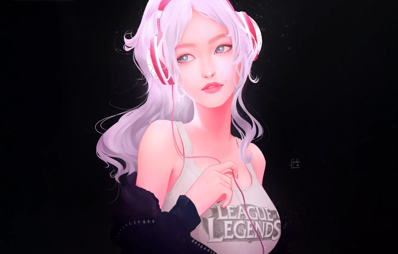 Photo wallpaper Girl, Beautiful, Art, Headphones, Eyes, League of Legends, LoL, Minimalism