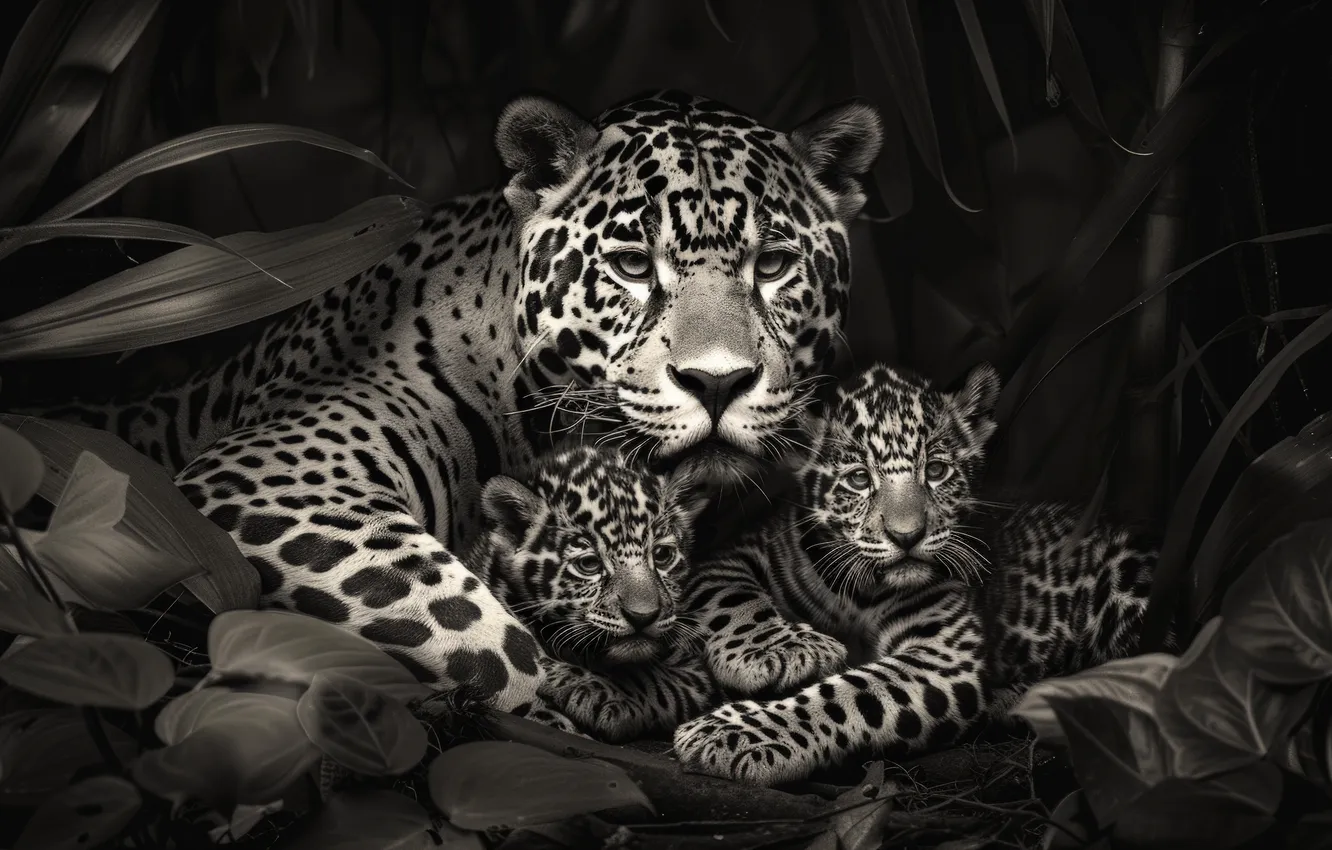 Photo wallpaper look, leaves, predator, jungle, Jaguar, black and white, cub, kitty
