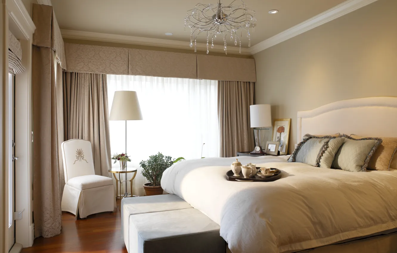 Photo wallpaper design, room, lamp, bed, interior, chair, pillow, beautiful