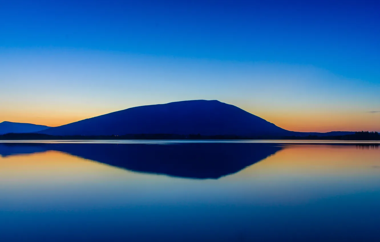 Photo wallpaper the sky, sunset, mountains, lake, reflection, mirror, silhouette, Ireland
