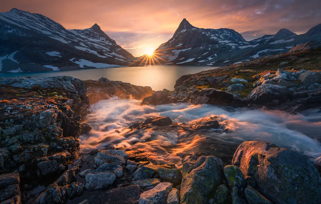 Photo wallpaper sunset, mountains, lake, stream, Norway, Norway, The Scandinavian mountains, Jotunheimen