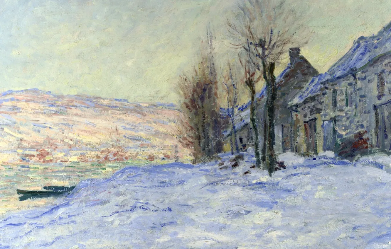 Photo wallpaper winter, landscape, river, boat, home, picture, Claude Monet