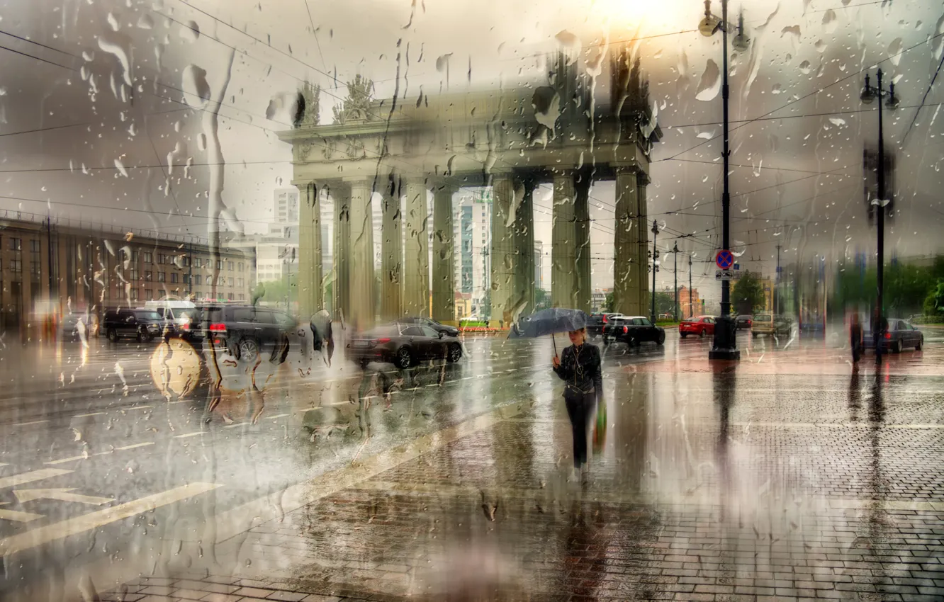 Photo wallpaper girl, drops, the city, rain, umbrella, Saint Petersburg, Moskovskie Vorota