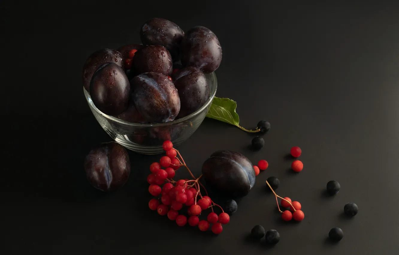 Photo wallpaper berries, bowl, still life, plum