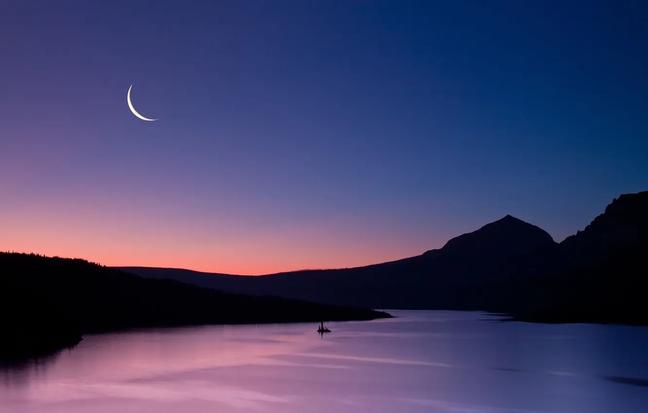 Photo wallpaper the sky, landscape, sunset, mountains, night, lake, the moon, horizon