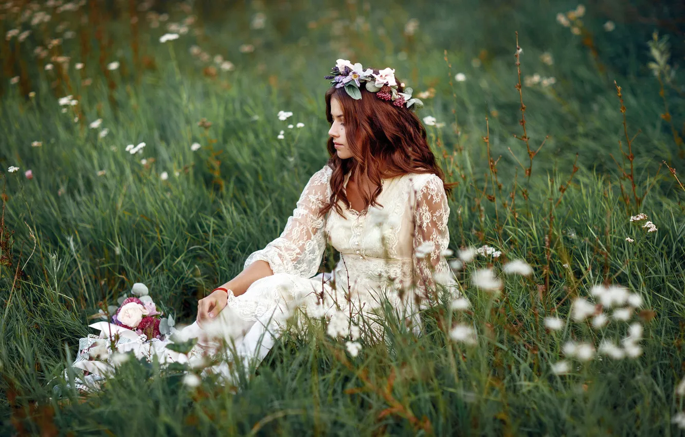 Photo wallpaper dress, wreath, grass, flowers, spring, bouquet