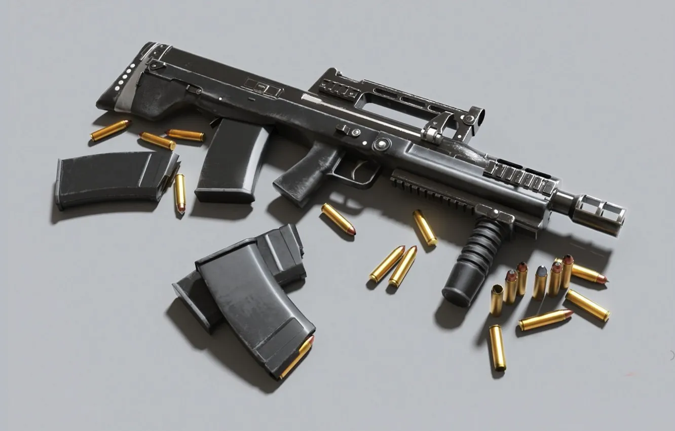 Photo wallpaper Cartridges, Shop, Grey background, SHAQ-12, Russian assault gun, Caliber 12.7