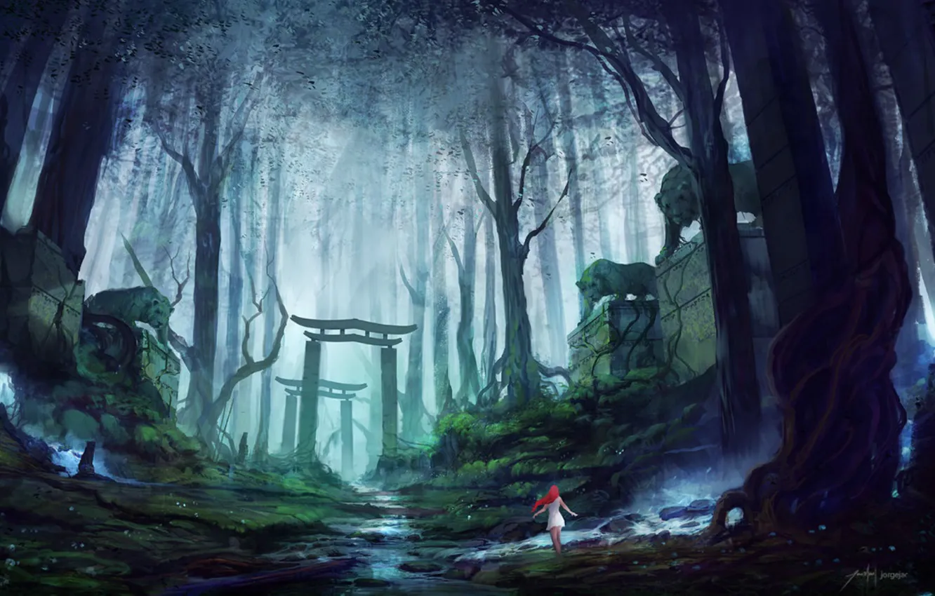 Photo wallpaper road, forest, girl, fog, gate, red, tigers, guardians