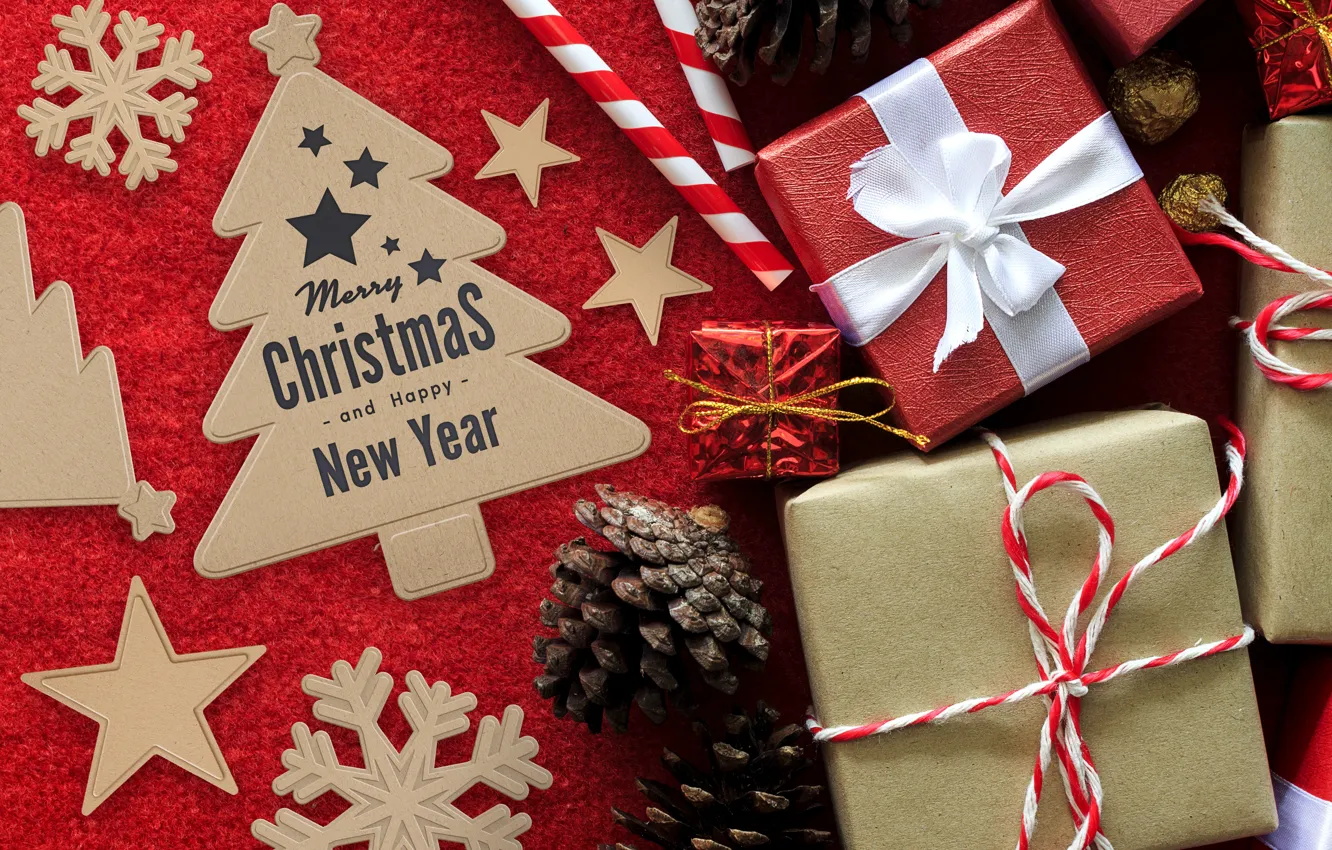 Photo wallpaper decoration, New Year, Christmas, gifts, Christmas, wood, New Year, decoration