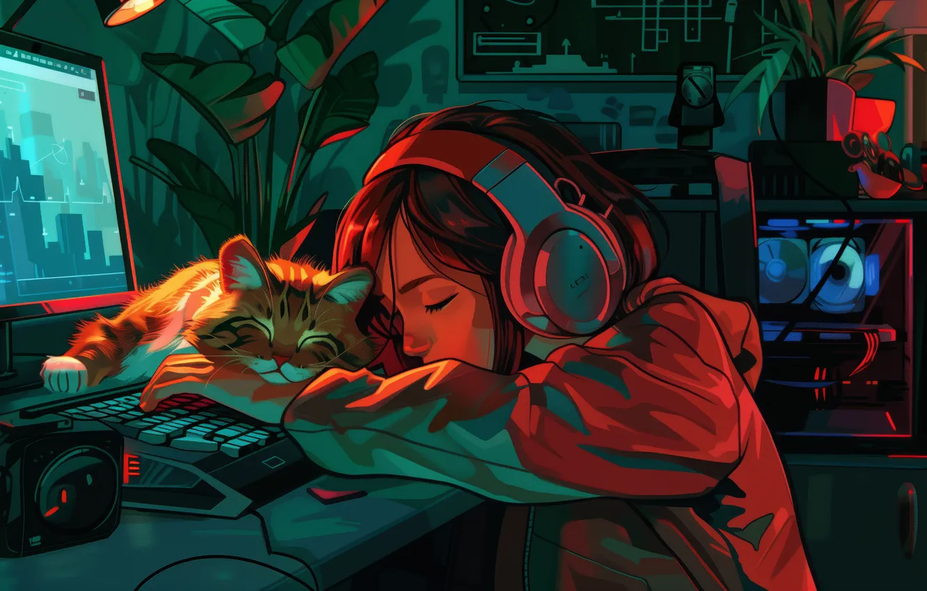 Photo wallpaper colorful, headphones, women, cats, Illustration, sleeping, AI Art, LoFi